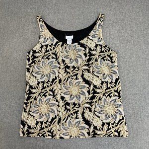 Jaclyn Smith Elegant Floral Tank Top Medium Round Neckline Tan Black Cream Color